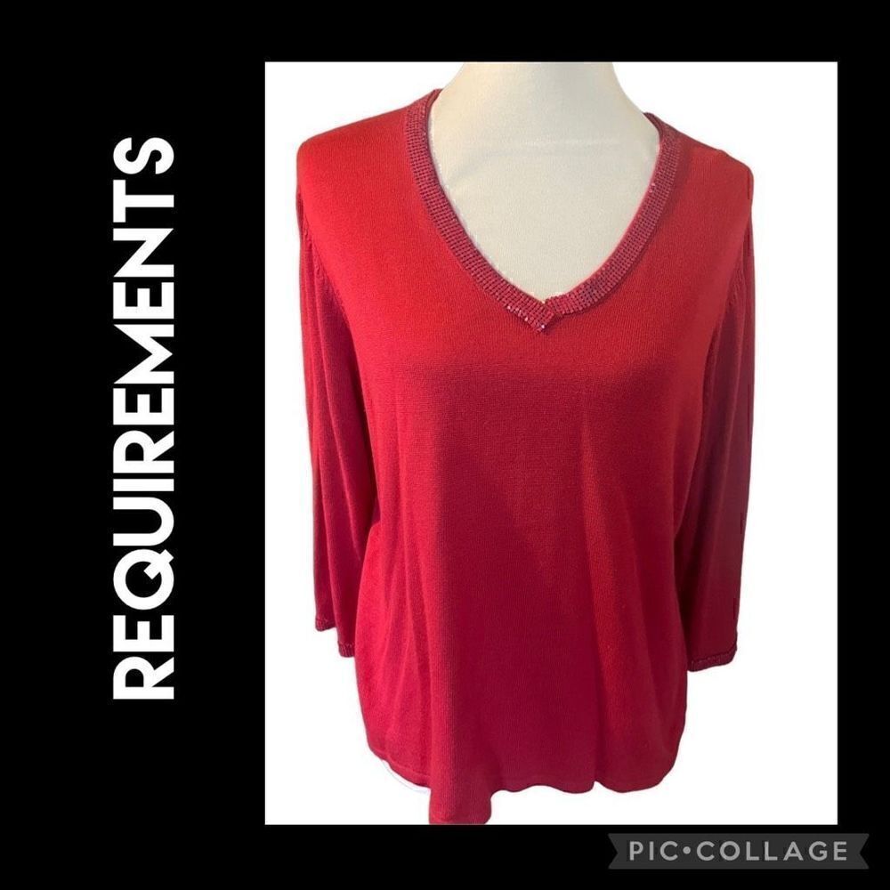 Requirements Red V-Neck Sequined Long Sleeve Lightweight Sweater Size XL